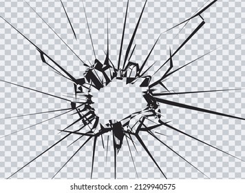 Broken glass, cracks, bullet marks on glass.  Hole on wall, windows or door. 