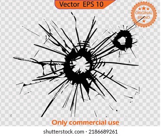 Broken glass, cracks, bullet marks on glass. High resolution. Texture glass with black hole. Vector of the broken glass. Clip art.