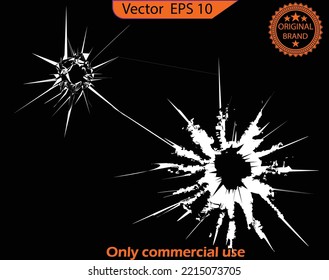 Broken glass, cracks, bullet marks on glass. High resolution. Texture glass with black hole. 