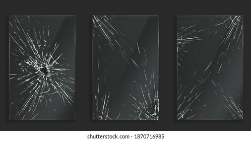 Broken glass with cracks and hole from impact or bullet. Vector realistic set of rectangle clear acrylic or plexiglass frames with crashed texture, white scratches and breaks svg
