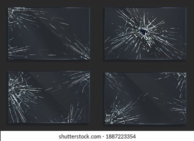 Broken glass with cracks and hole from impact or bullet shot. Rectangular shape clear acrylic or plexiglass frames with crashed texture, scratches and breaks realistic 3d vector illustration, set