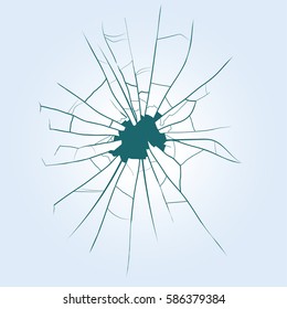 Broken glass with cracks and hole. Vector