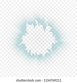 Broken glass, cracks on glass. Realistic bullet hole in glass with shards on transparent background. Vector