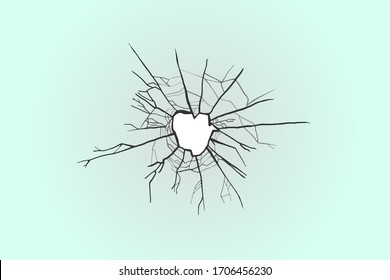Broken glass with cracks. Smash vector illustration. Bullet hole.