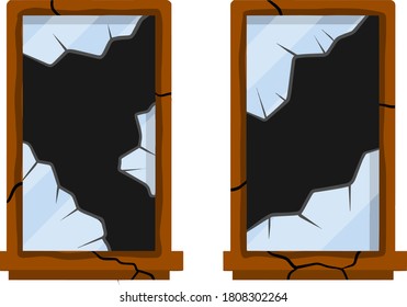 Broken glass. Damaged mirror. Shards and sharp parts in wooden brown frame. A wall and room decoration element. Destruction and ruin. Cartoon flat illustration