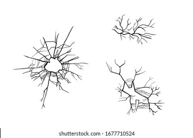 Conjunto de diseño de vidrio roto. Ilustración vectorial. Agujero de bala.