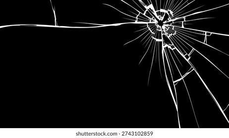 A broken glass effect on a black background with white cracks and shards radiating from a central point, creating a dramatic and intense visual
