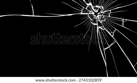 A broken glass effect on a black background with white cracks and shards radiating from a central point, creating a dramatic and intense visual