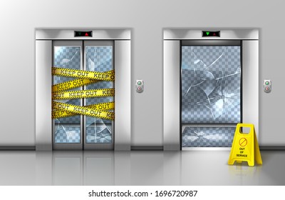 Broken glass elevators closed for repair or maintenance. Passenger lift transparent doorway gate wrapped with warning yellow stripe. Caution sign stand near cracked doors, realistic 3d vector mockup