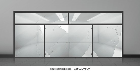 Broken glass entrance to store or museum. Transparent closed large door and showcase with holes and cracks. Realistic mockup of front entry with windows to supermarket or office. Crashed mall facade.