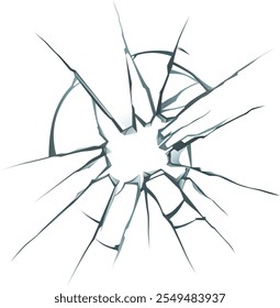 Broken glass featuring radial cracks emanating from a central hole, creating a dramatic visual effect against a white background, suitable for various design applications