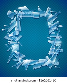 Broken glass frame. Decorative element for design made of transparent glass fragments with copyspace, place for text. EPS10 vector illustration.