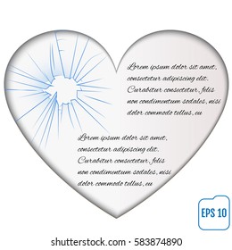 Broken glass heart with frame for text. Decorative creative design vector illustration