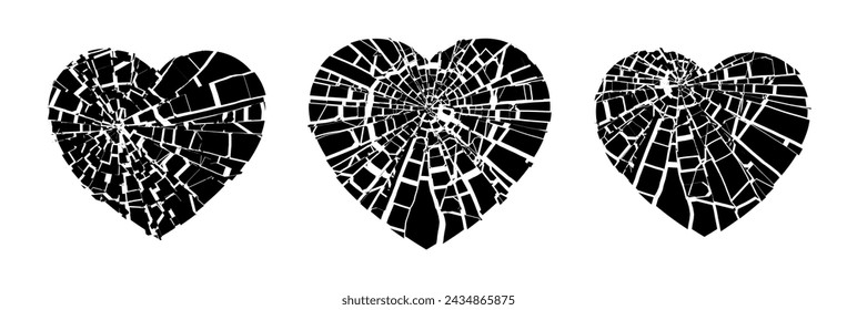 Broken Glass Hearts with Cracks. Shattered Heart Shapes. Vector illustration.