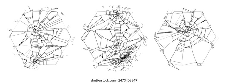 Broken Glass Hexagon Windows with Cracks. Abstract Comic Book Destruction Shape Texture. Shattered, Fractured and Broken Geometric Shapes. Damaged Texture. Vector Illustration.