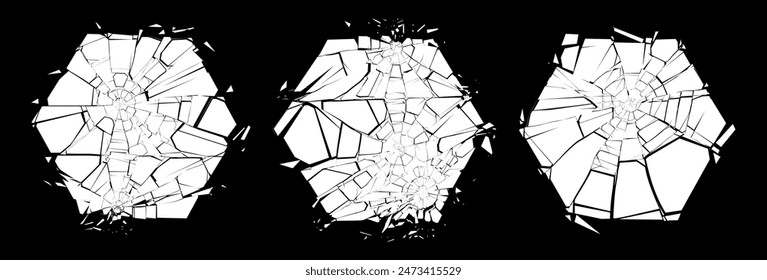 Broken Glass Hexagons with Cracks. Abstract Comic Book Destruction Shape Texture. Shattered, Fractured and Broken Geometric Shapes. Damaged Texture. Vector Illustration.