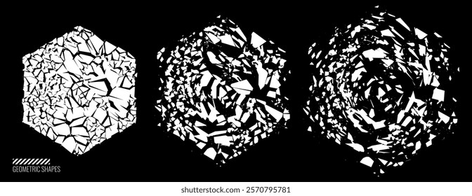 Broken Glass Hexagons with Cracks. Abstract Comic Book Flash Explosion Blast Radial Lines. Shattered, Fractured and Broken Geometric Circles. Damaged Texture. Vector Illustration.