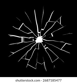 Broken glass hole with scattered sharp shards. Dark reflective surface creating impact and tension. Perfect for cinematic poster, vfx element or modern abstract background.