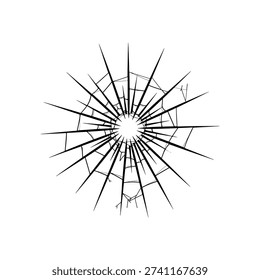 Broken glass hole texture with sharp cracks and realistic splinter effect