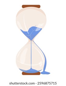 Broken glass hourglass. Sand spills outside the clear bulb. Cracked vessel is a symbol of lost time. Subject of business, office, interior, psychologist's office. Gift to colleague, boss, psychologist