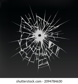 Broken glass from impact with black hole in the middle .Crack in ice or ground .Damaged windshield .Hand sketch on white background.