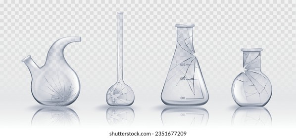 Máscaras de medición química de laboratorio de vidrio rotas y tubos de ensayo en un conjunto de ilustración vectorial realista. Vidrio de laboratorio con grietas, agujeros y dispersión. Equipo científico destruido y triturado
