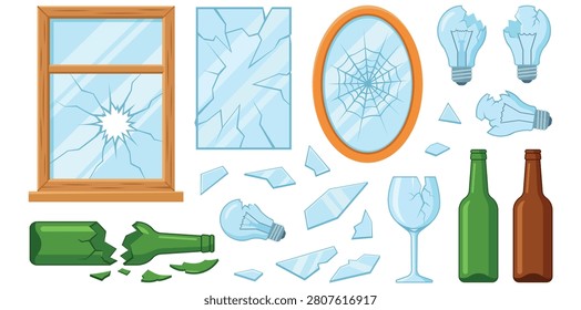 Broken glass object collection illustration featuring cracked windows bottles and damaged materials for safety concepts repair projects and creative vector design applications