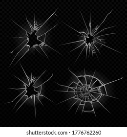 Broken glass on black background, cracks on glass and bullet marks. Realistic broken glass. Vector illustration