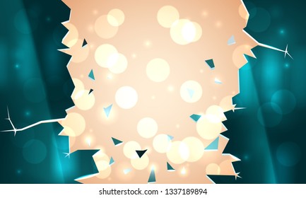 Broken glass on light background, beginning of holiday. Broken wall, falling fragments. Drop down glass window, destruction. Bokeh and sparkles on light golden festive background