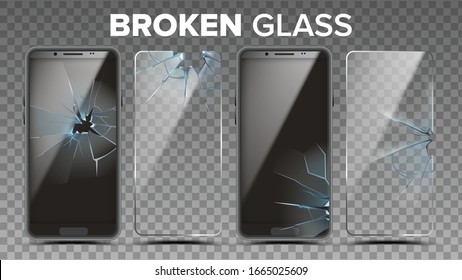 Broken Glass Phone Screen Protector Set Vector. Damaged Smartphone Protection Glass And Touchscreen. Transparent Tempered Modern Cellphone Display Cover Accessory Realistic 3d Illustration