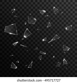 Broken glass pieces. Isolated on black transparent background. Vector illustration, eps 10.