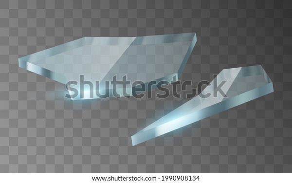 Broken glass pieces. Realistic shattered\
glass on dark transparent background. Shards with sharp edges\
isolated. 3d vector\
illustration