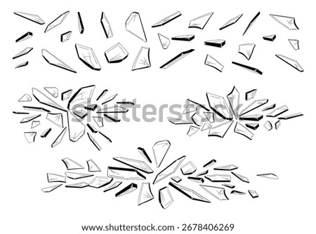 Broken glass pieces set. Vector isolated shattered fragments in grunge style with sharp edges and irregular shapes. Textures or crash effects, destruction elements or digital design projects