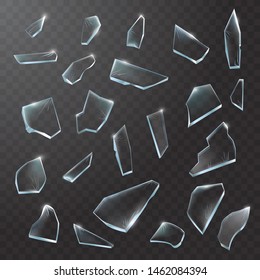 Broken glass pieces. Shattered glass on black transparent background. Vector realistic illustration