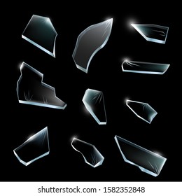 Broken glass pieces. Shattered glass on black background. Vector realistic illustration