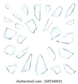 Broken Glass Pieces. Shattered Glass On White Background. Vector Realistic Illustration