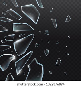 Broken glass pieces. Shattered glass on black background. Vector realistic illustration svg