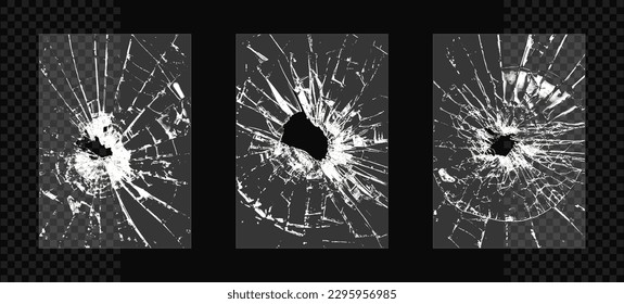 Broken glass plate. Empty transparent acrylic, plastic or plexiglass plates with cracks and hole. Broken glass in rectangle shape on isolated background. Texture overlay effect. Vector illustration.