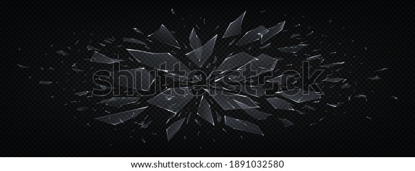 Broken glass. Realistic abstract shattered\
transparent fragments of crushed glass, explosion 3D effect with\
realistic shiny pieces isolated on black. Abstract blowing up\
vector horizontal\
background