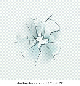 Broken glass. Realistic cracked effect, destruction hole, damage windshield or window, shattered mirror, vector closeup illustration isolated on transparent background