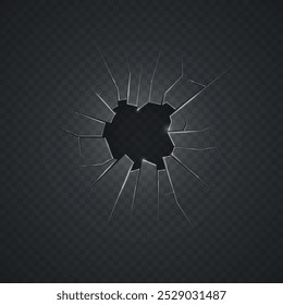 Broken glass. Realistic cracked hole in damaged transparent glass. Vector illustration.
