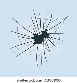 Broken glass with realistic fragments, cracks and hole. Vector illustration.