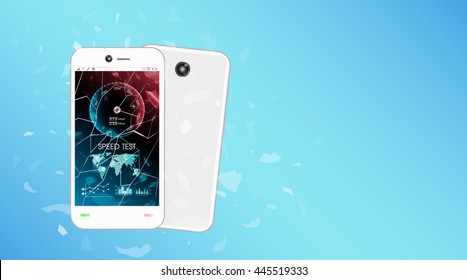broken glass screen smartphone with speed test interface