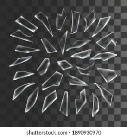 Broken glass set. Realistic shards of transparent glass isolated on a checkered dark background. Vector.