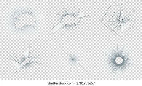 Broken glass. Set of vector illustrations with transparent background. Cracked surface contour for shattering effect. Broken objects and holes. Cracked and destroyed backgrounds for texture mapping.