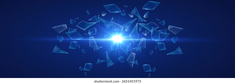  Fragmentos de vidrio rotos vuelan con un efecto de explosión brillante.