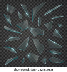 Broken glass shards, realistic cracked fragments of explosion. Pieces of broken glass with sharp edges. Vector shards of glass illustration.