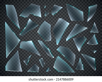 Broken Glass Shards. Realistic Different Random Shapes Pieces. 3D Sharp Chipped Fragments. Transparent Shattered Window. Fragile Clear Surface. Vector Isolated Damaged