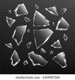 Broken glass shards set isolated on transparent background, randomly scattered shattered pieces of crashed window, crystal fragments with sharp edges, design elements, Realistic 3d vector illustration