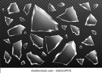 Broken glass shards set isolated on transparent background, randomly scattered shattered pieces of crashed window, crystal fragments with sharp edges, design elements, Realistic 3d vector illustration